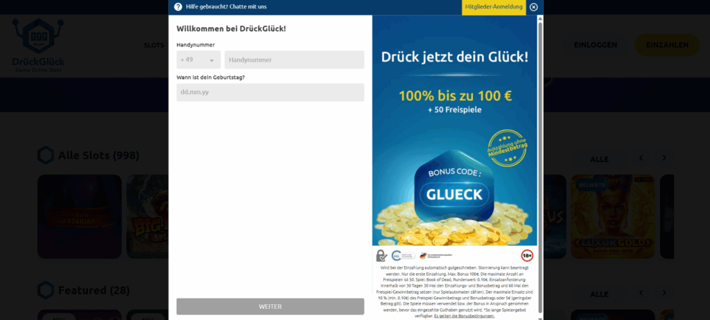 Drückglück Anmeldung